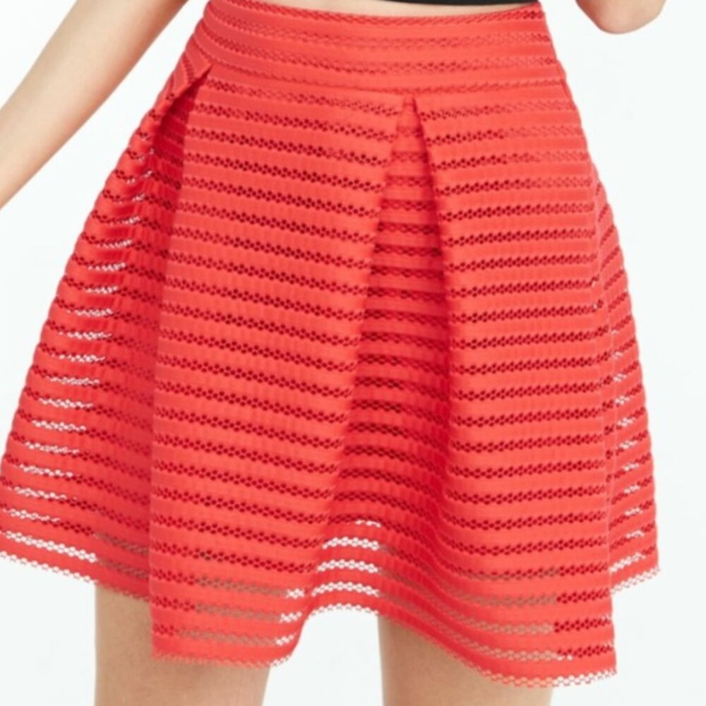 EXPRESS Mesh High Waisted Full Pleated Skirt Red Striped 2010s Mini A-Line Skirt - Picture 3 of 16